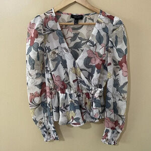 Streetwear Society| Pretty‎ Sheer Floral Puff Long Sleeve Crop Blouse Top Sz S